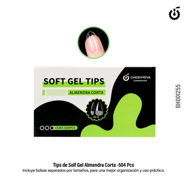 Tips de soft gel tips almendra corta prelimado 504 pcs - Cherimoya