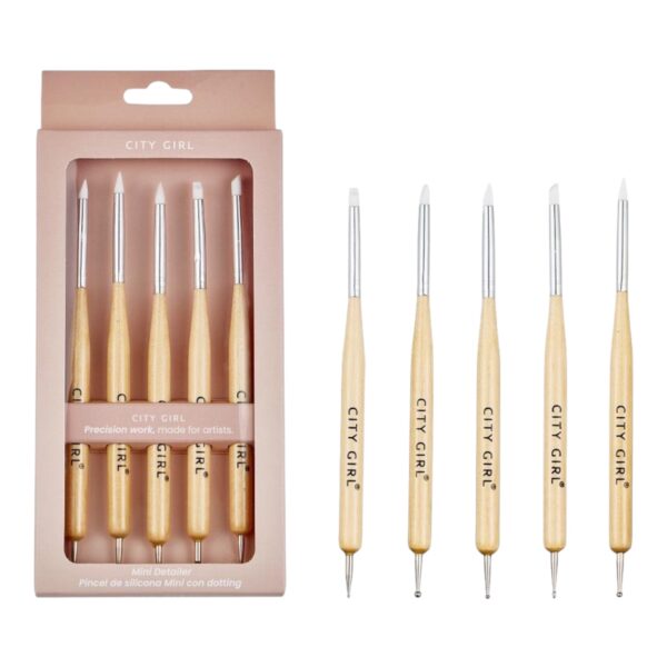 Pinceles Para Nail Art x5 U dotting + punta de silicona mango de madera - City Girl